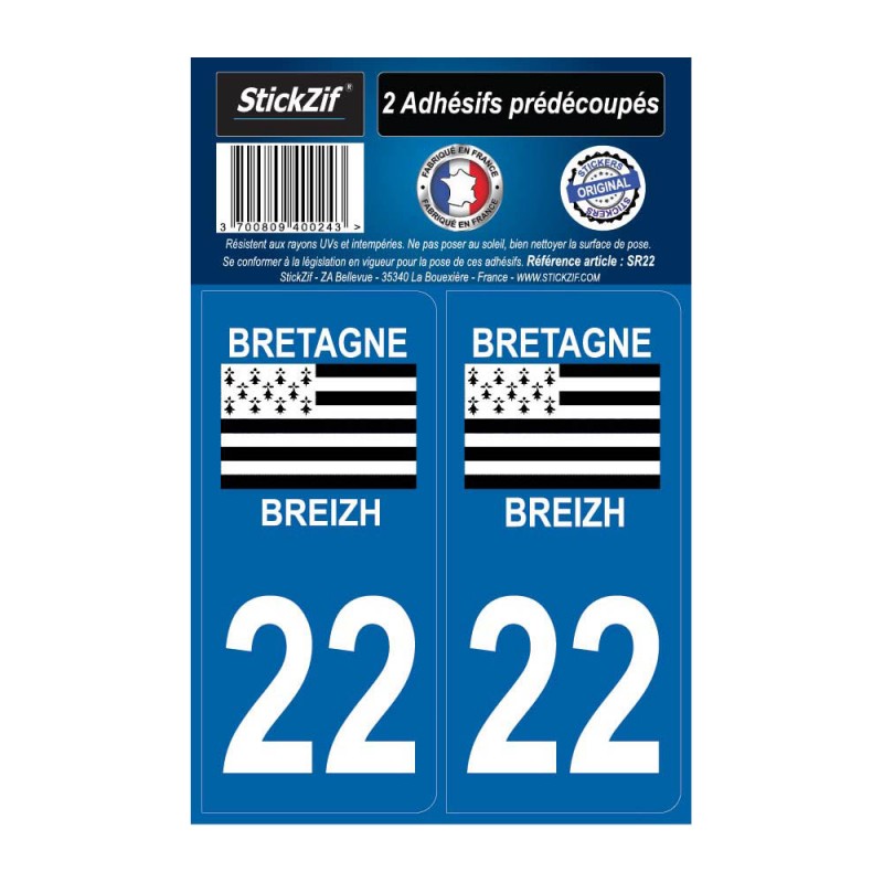 2 autocollants stickers plaque immatriculation Région Bretagne - Département 22 Côtes d'Armor Officiel
