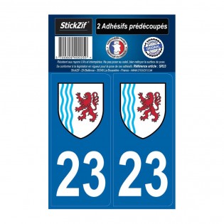 2 autocollants stickers plaque immatriculation Région Nouvelle Aquitaine - Département 23 Creuse Officiel