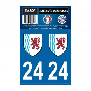 2 autocollants stickers plaque immatriculation Région Nouvelle Aquitaine - Département 24 Dordogne Officiel