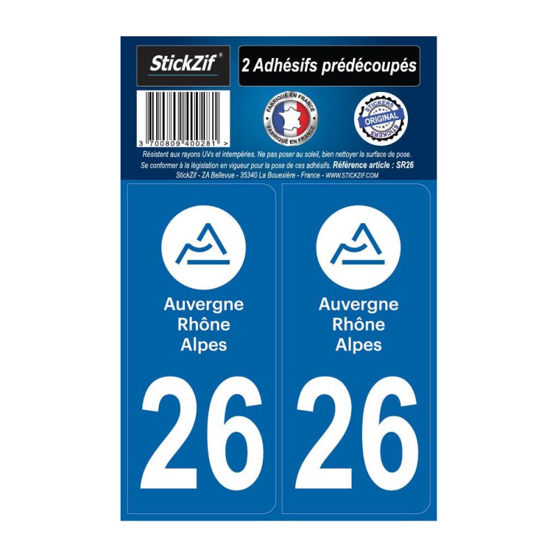 2 autocollants stickers plaque immatriculation Région Auvergne Rhône Alpes - Département 26 Drôme Officiel