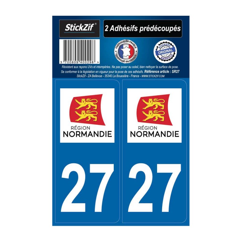 2 autocollants stickers plaque immatriculation Région Normandie - Département 27 Eure Officiel