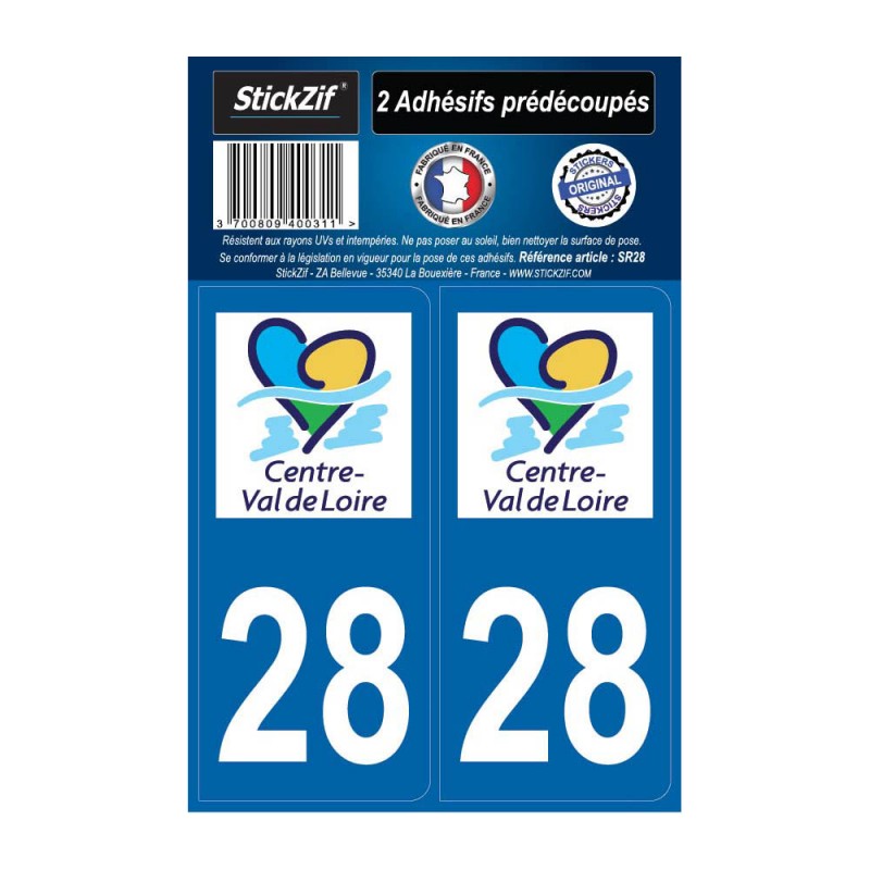 2 autocollants stickers plaque immatriculation Région Centre - Département 28 Eure et Loire Officiel
