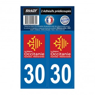 2 autocollants stickers plaque immatriculation Région Occitanie - Département 30 Gard Officiel