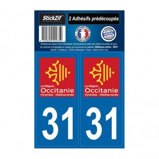 2 autocollants stickers plaque immatriculation Région Occitanie - Département 31 Haute Garonne Officiel