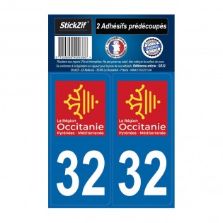 2 autocollants stickers plaque immatriculation Région Occitanie - Département 32 Gers Officiel