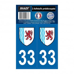 2 autocollants stickers plaque immatriculation Région Nouvelle Aquitaine - Département 33 Gironde Officiel