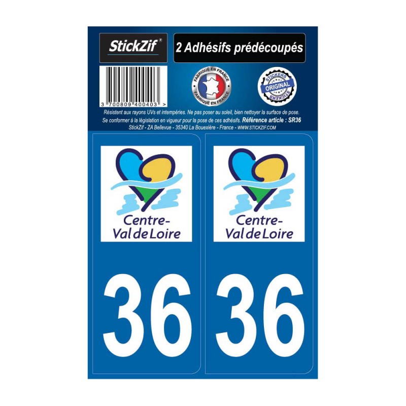 2 autocollants stickers plaque immatriculation Région Centre Val de Loire - Département 36 Indre Officiel