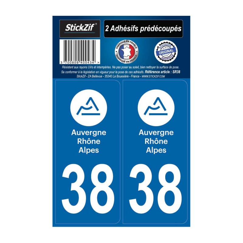 2 autocollants stickers plaque immatriculation Région Auvergne Rhône Alpes - Département 38 Isère Officiel