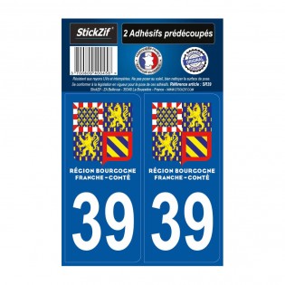 2 autocollants stickers plaque immatriculation Région Bougogne Franche Comté - Département 39 Jura Officiel
