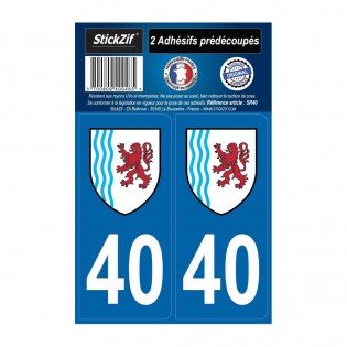 2 autocollants stickers plaque immatriculation Région Nouvelle Aquitaine - Département 40 Landes Officiel
