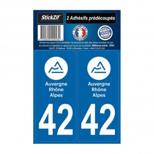 2 autocollants stickers plaque immatriculation Région Auvergne Rhône Alpes - Département 42 Loire Officiel