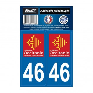 2 autocollants stickers plaque immatriculation Région Occitanie - Département 46 Lot Officiel