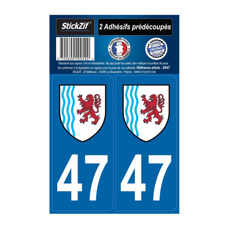 2 autocollants stickers plaque immatriculation Région Nouvelle Aquitaine - Département 47 Lot et Garonne