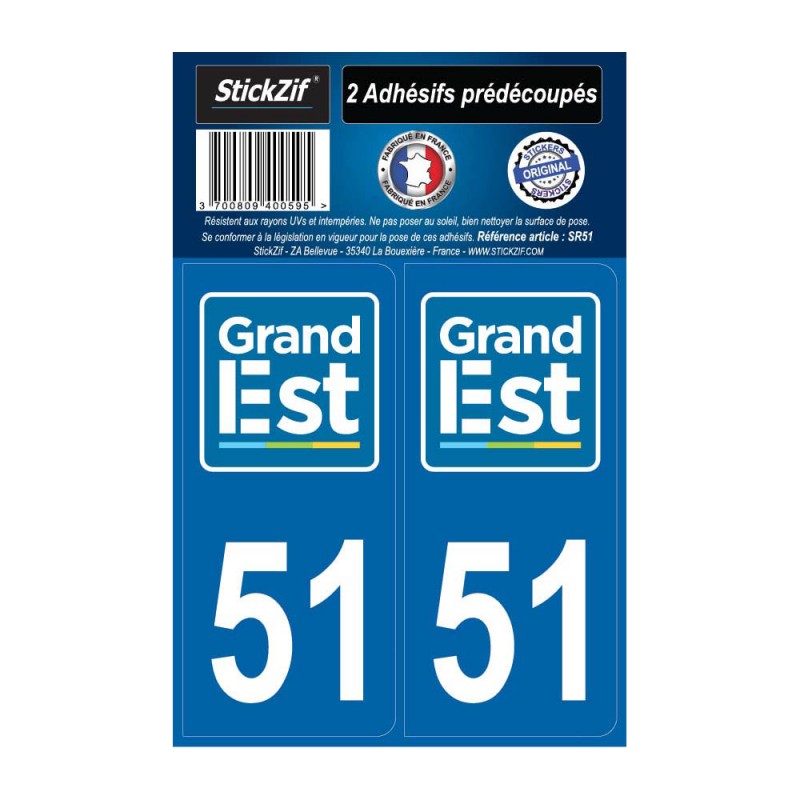 2 autocollants stickers plaque immatriculation Région Grand Est - Département 51 Marne Officiel
