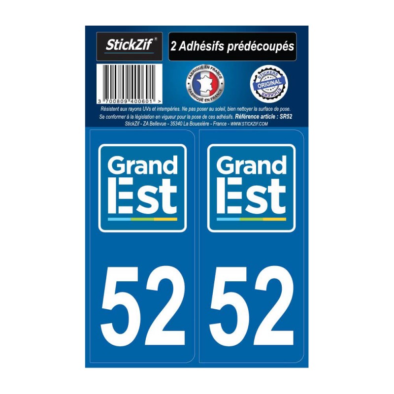 2 autocollants stickers plaque immatriculation Région Grand Est - Département 52 Haute Marne Officiel