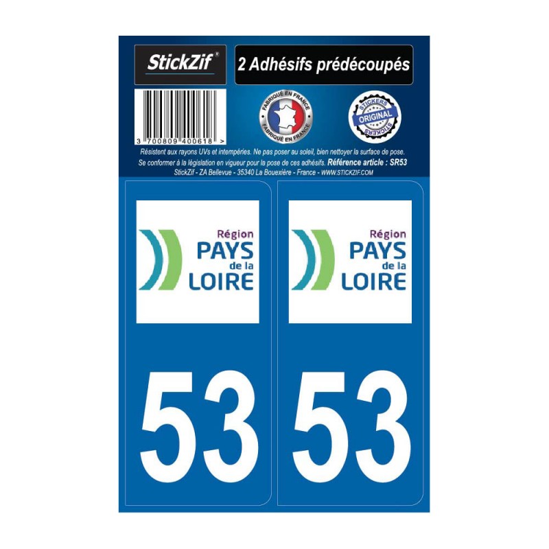 2 autocollants stickers plaque immatriculation Région Pays de Loire - Département 53 Mayenne Officiel
