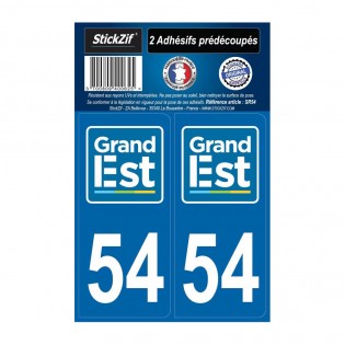2 autocollants stickers plaque immatriculation Région Grand Est - Département 54 Meurthe et Moselle Officiel