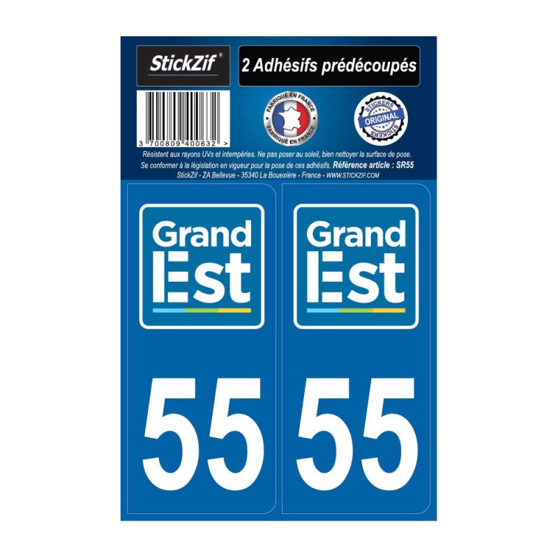 2 autocollants stickers plaque immatriculation Région Grand Est - Département 55 Meuse Officiel