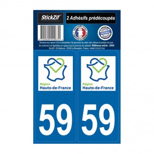 2 autocollants stickers plaque immatriculation Région Hauts de France - Département 59 Nord Officiel