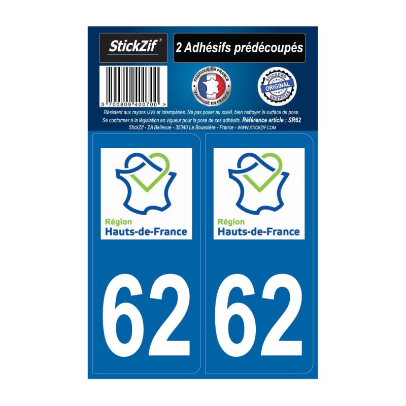 2 autocollants stickers plaque immatriculation Région Hauts de France - Département 62 Pas de Calais Officiel
