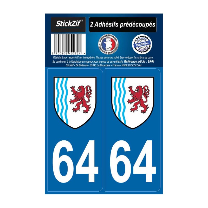 2 autocollants stickers plaque immatriculation Région Nouvelle Aquitaine - Département 64 Pyrénées Atlantiques Officiel