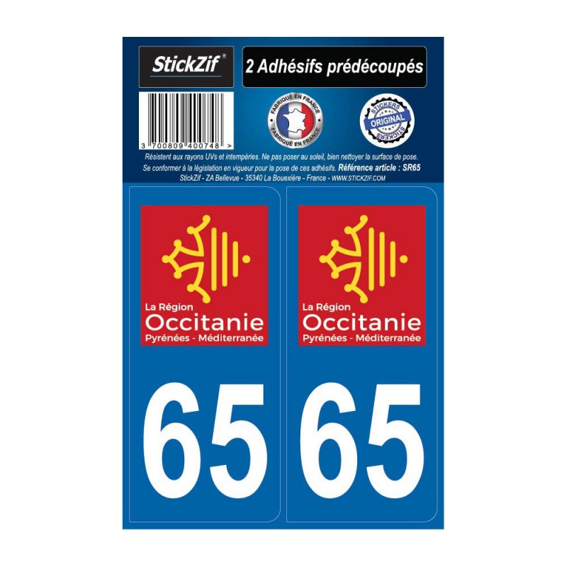 2 autocollants stickers plaque immatriculation Région Occitanie - Département 65 Hautes Pyrénées Officiel