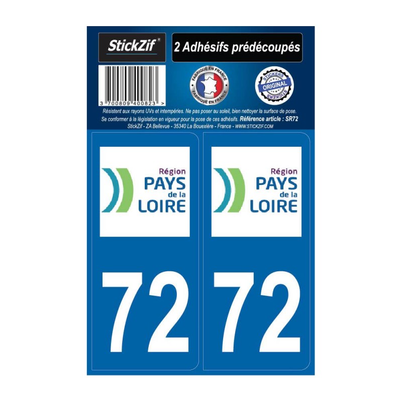 2 autocollants stickers plaque immatriculation Région Pays de Loire - Département 72 Sarthe Officiel