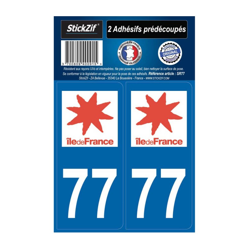 2 autocollants stickers plaque immatriculation Région Ile de France - Département 77 Seine et Marne Officiel