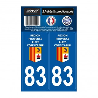 2 autocollants stickers plaque immatriculation Région Provence Alpes Côte d'Azur - Département 83 Var Officiel