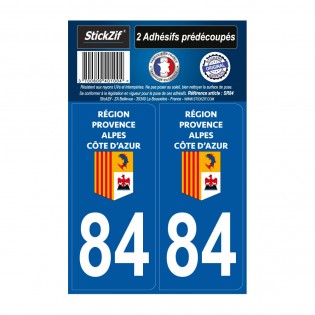 2 autocollants stickers plaque immatriculation Région Provence Alpes Côte d'Azur - Département 84 Vaucluse Officiel