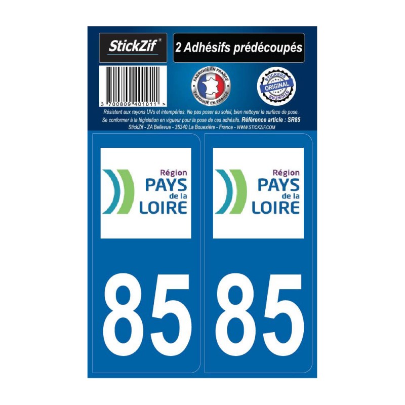 2 autocollants stickers plaque immatriculation Région Pays de Loire - Département 85 Vendée Officiel