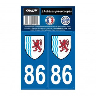 2 autocollants stickers plaque immatriculation Région Nouvelle Aquitaine - Département 86 Vienne Officiel