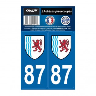 2 autocollants stickers plaque immatriculation Région Nouvelle Aquitaine - Département 87 Haute Vienne Officiel