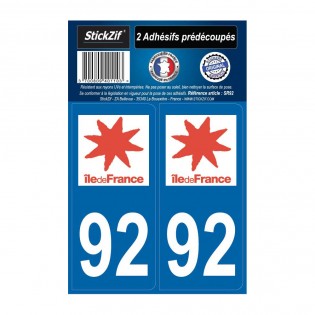 2 autocollants stickers plaque immatriculation Région Ile de France - Département 92 Hauts de Seine Officiel