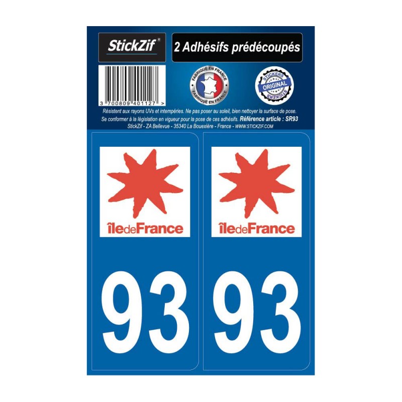 2 autocollants stickers plaque immatriculation Région Ile de France - Département 93 Seine St Denis Officiel