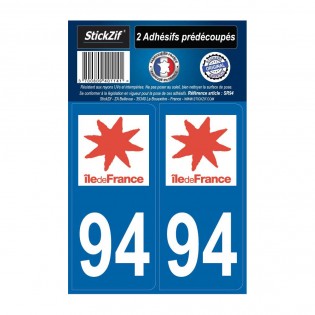 2 autocollants stickers plaque immatriculation Région Ile de France - Département 94 Val de Marne Officiel