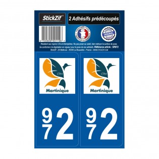 2 autocollants stickers plaque immatriculation Région Outre Mer - Département 972 Martinique Officiel
