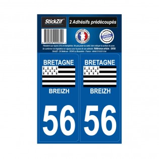 2 autocollants stickers plaque immatriculation Région Bretagne - Département 56 Morbihan Officiel