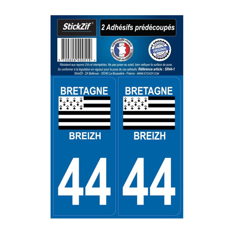 2 autocollants stickers plaque immatriculation Région Pays de Loire - Département 44 Bretagne / Breizh