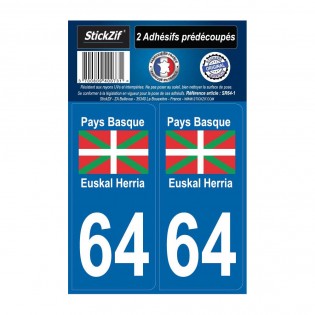 2 autocollants stickers plaque immatriculation Région Nouvelle Aquitaine - Département 64 Pays Basque