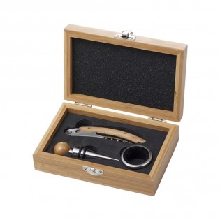 Coffret 3 accessoires à vin en bambou - Cadeau personnalisable coffret sommelier - Modèle Label