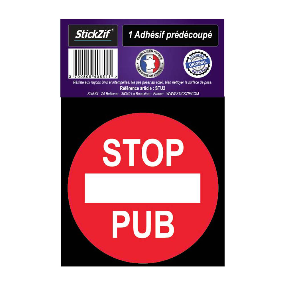 Plaque adhésive STOP PUB "Pas de publicité" pour boite aux lettres couleur rouge lettres blanches