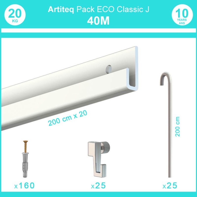 Pack complet 40 mètres cimaise Classic J avec tiges couleur Blanc laqué - Accrochage de cadres et tableaux avec tige