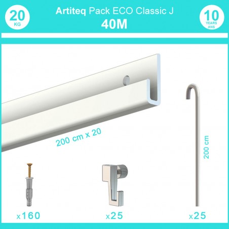Pack complet 40 mètres cimaise Classic J avec tiges couleur Blanc laqué - Accrochage de cadres et tableaux avec tige