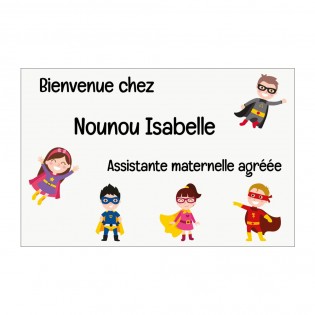 Plaque Nounou personnalisable pour boite aux lettres - Pancarte assistante maternelle agréée personnalisée - Modèle Mini héros