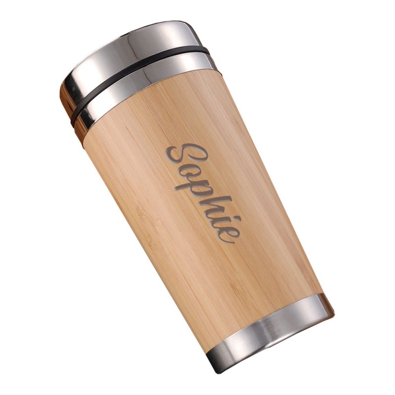 Mug isotherme personnalisé 400mL bambou et acier, double paroi pour boissons chaudes et froides