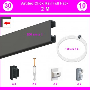 Pack Eco 2 mètres de cimaise Click Rail couleur Noir - Solution suspension cadres et tableaux