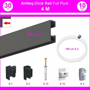Pack Eco 4 mètres de cimaise Click Rail couleur Noir - Solution suspension cadres et tableaux