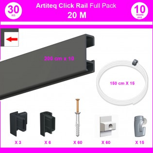 Pack Eco 20 mètres de cimaise Click Rail couleur Noir - Solution suspension cadres et tableaux