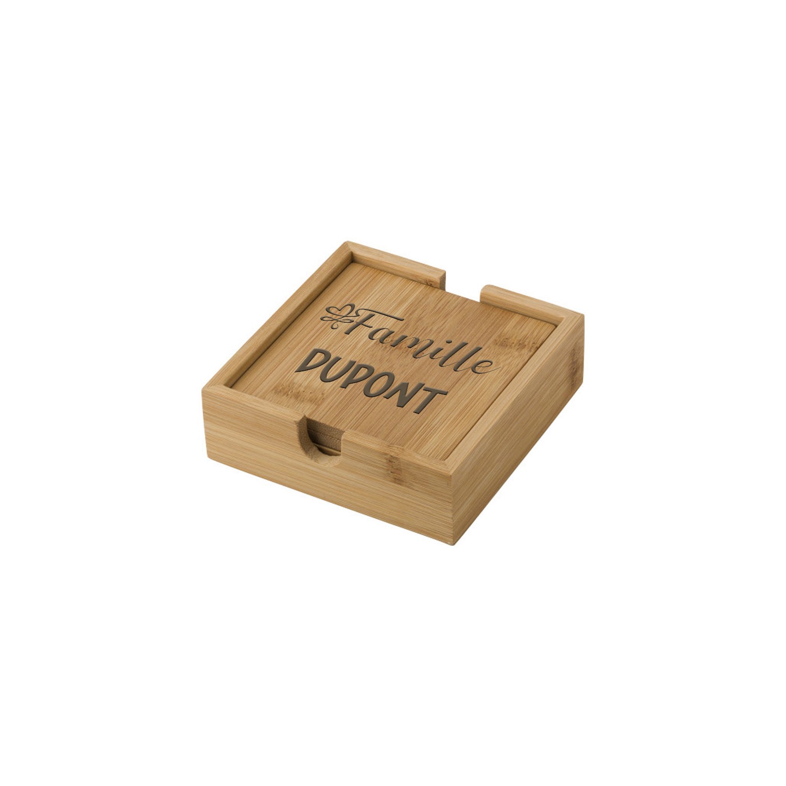 Lot de 4 dessous de verres bambou à personnaliser sur 2 lignes - Gravure laser - Cadeau Noël anniversaire départ en retraite